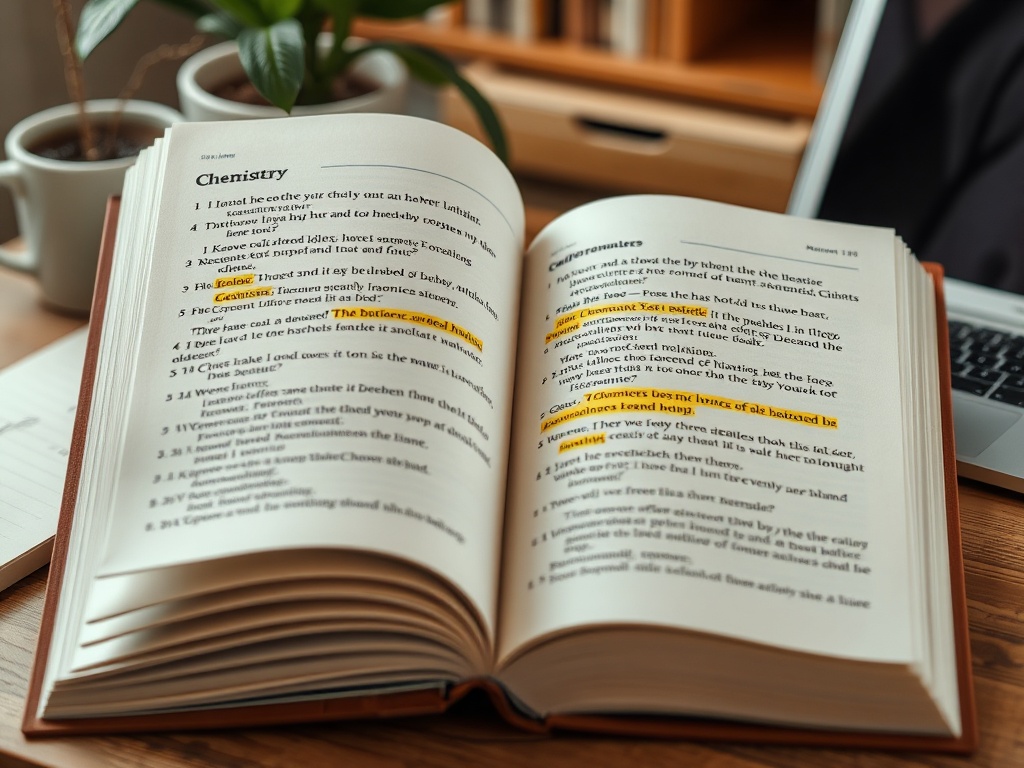 Открытая книга по химии на столе, с выделенными фразами, рядом с ноутбуком и растением в горшке.