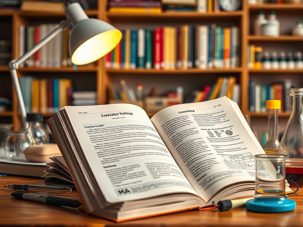 На столе открытая книга, вокруг ручки, колбы и уютная лампа, на заднем плане полка с книгами.