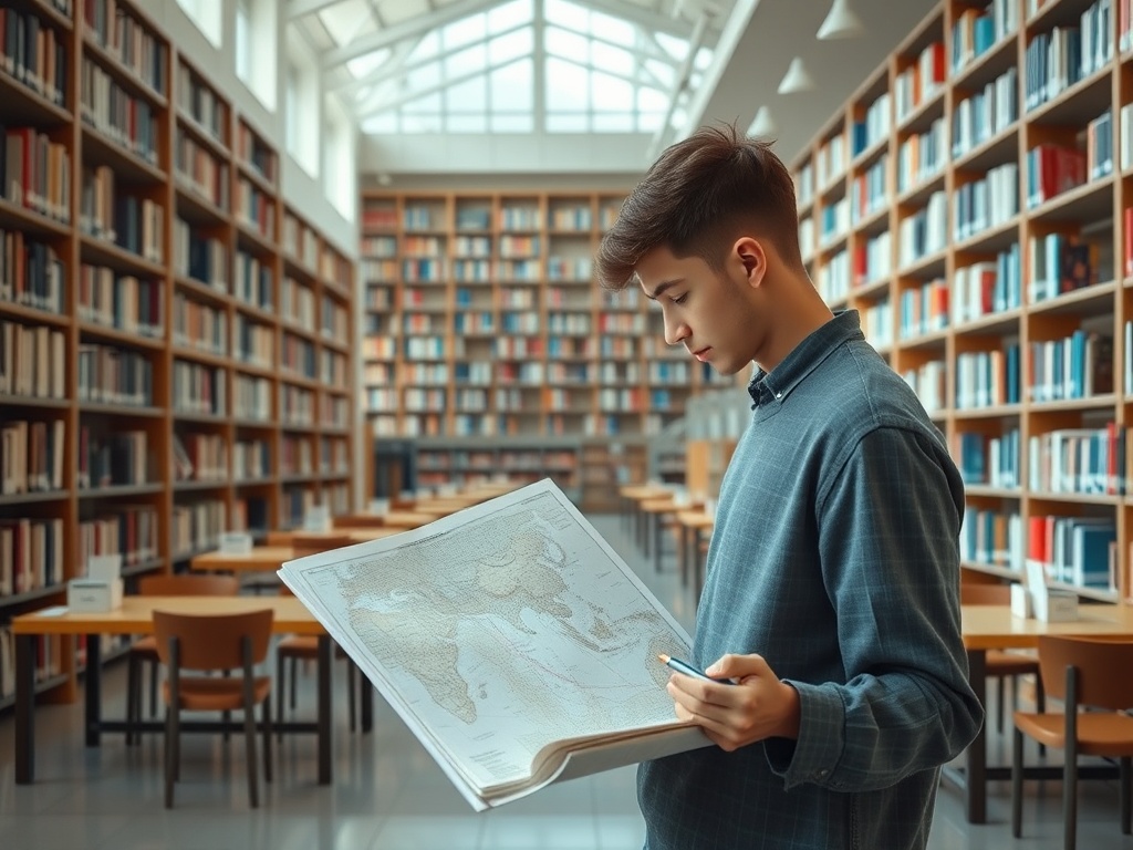 Молодой человек изучает карту в библиотеке среди стеллажей с книгами. Вокруг пустые столы и стулья.