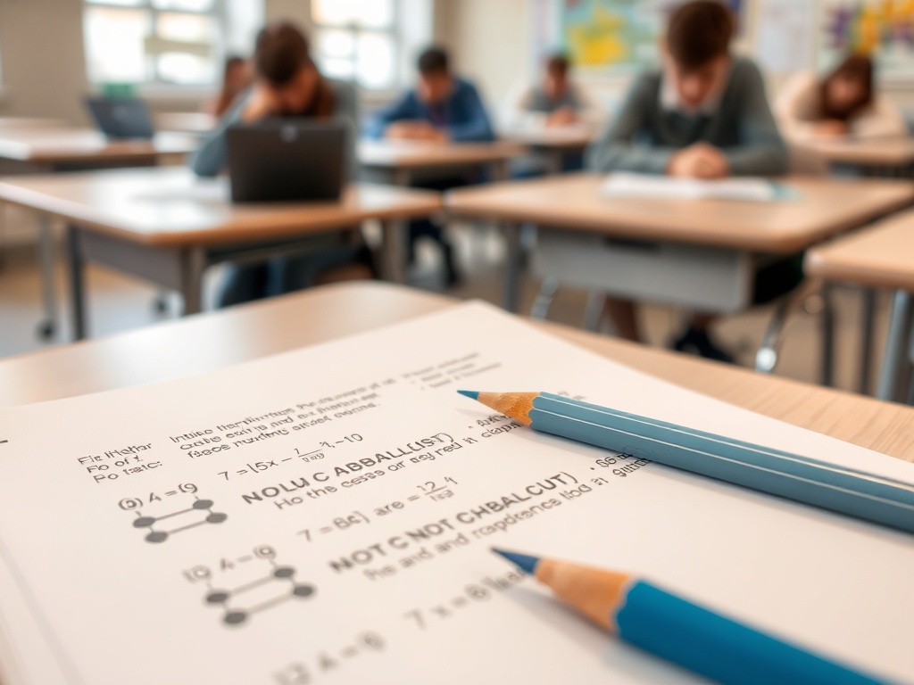 Ученик выполняет тест в классе, на столе лежат карандаши и лист с заданиями.