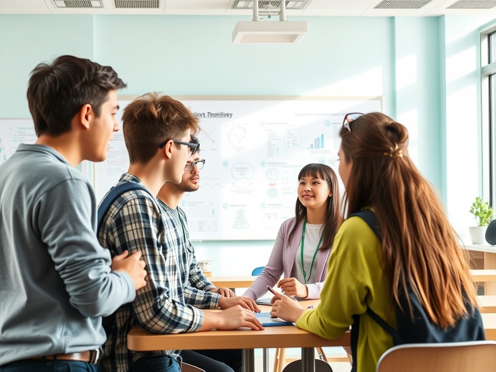 Группа студентов обсуждает проект во время занятия в светлом классе. На стене визуализации данных.
