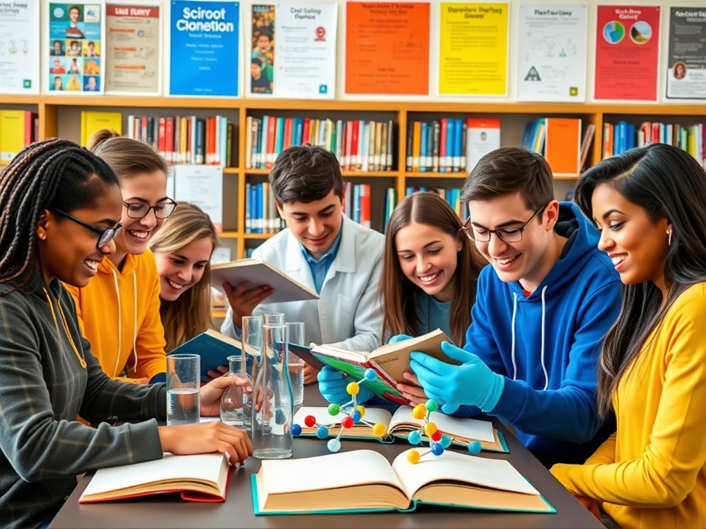 Группа студентов обсуждает учёбу в библиотеке, активно работает с книгами и моделями молекул.