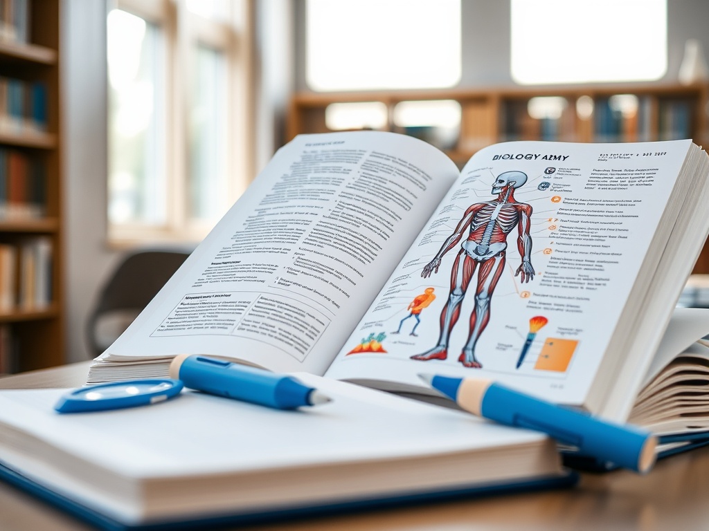 Открытая книга по биологии с изображением человеческого скелета на столе в библиотеке. Письменные принадлежности рядом.