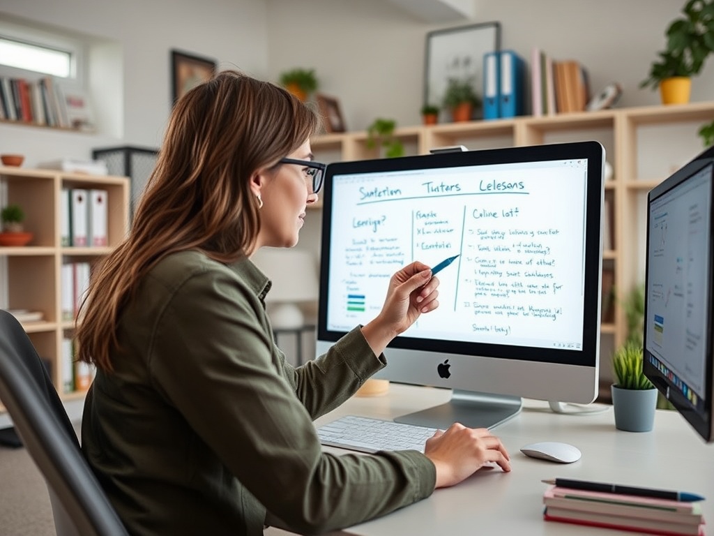 Молодая женщина сидит за столом, смотрит на экран компьютера и делает заметки. В комнате светло и уютно.