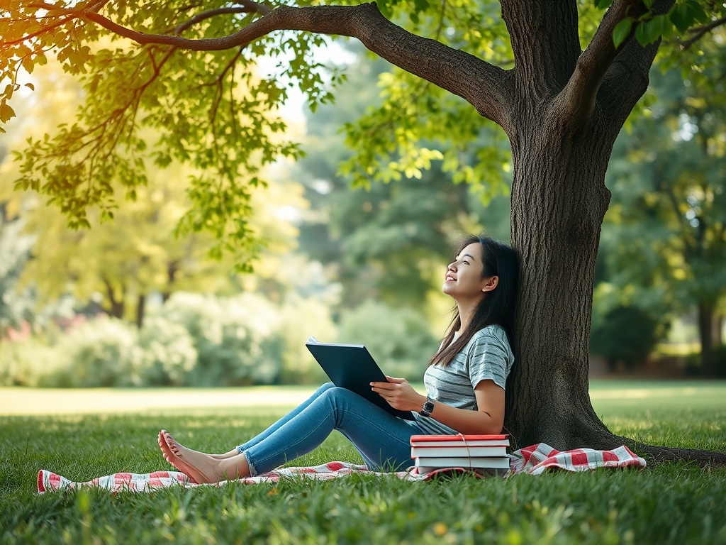 Девушка читает книгу под деревом на траве, окруженная зеленью и книгами. Солнечный день, радостное настроение.