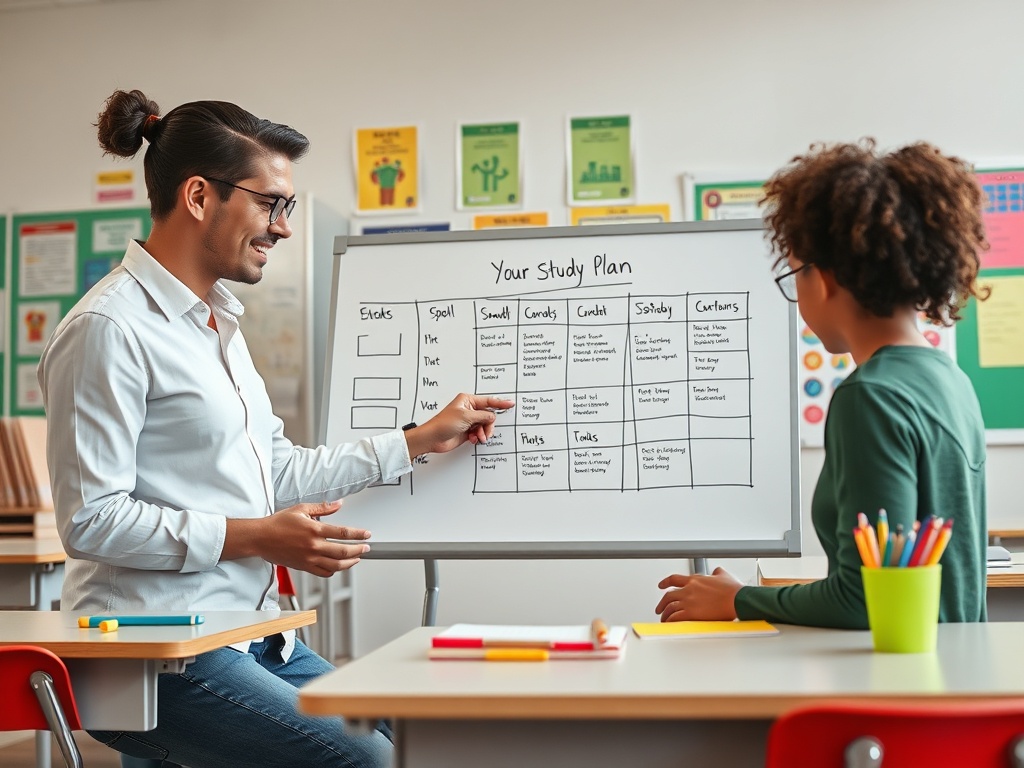 Учитель объясняет план учебы ученику перед доской с заданиями в классе. Оба выглядят заинтересованными и вовлечёнными.