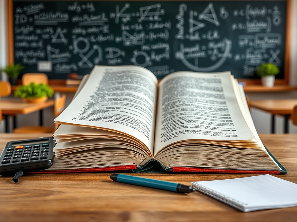 Открытая книга на столе с калькулятором, ручкой и блокнотом, на фоне доски с формулами.