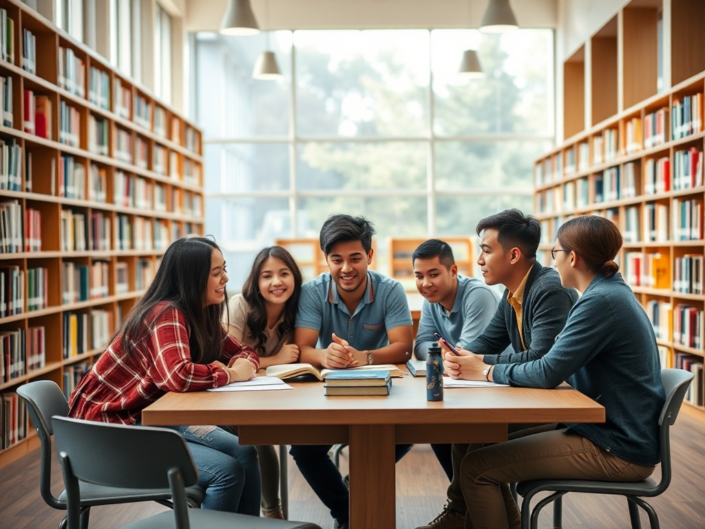 Группа студентов обсуждает учебный проект в библиотеке, окружённая полками с книгами.