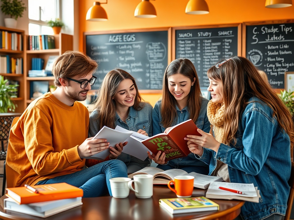 Четыре студента обсуждают учебники и заметки, сидя за столом в уютном кафе.