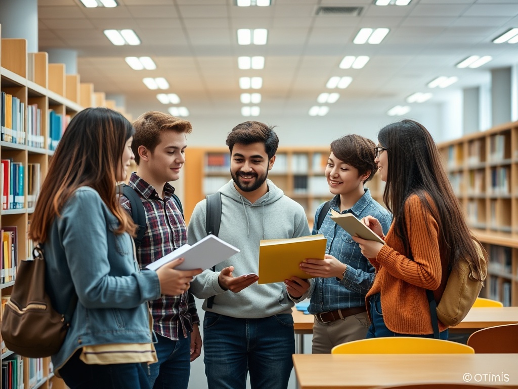 Шестеро студентов обсуждают учебные материалы в библиотеке, окруженные полками с книгами.