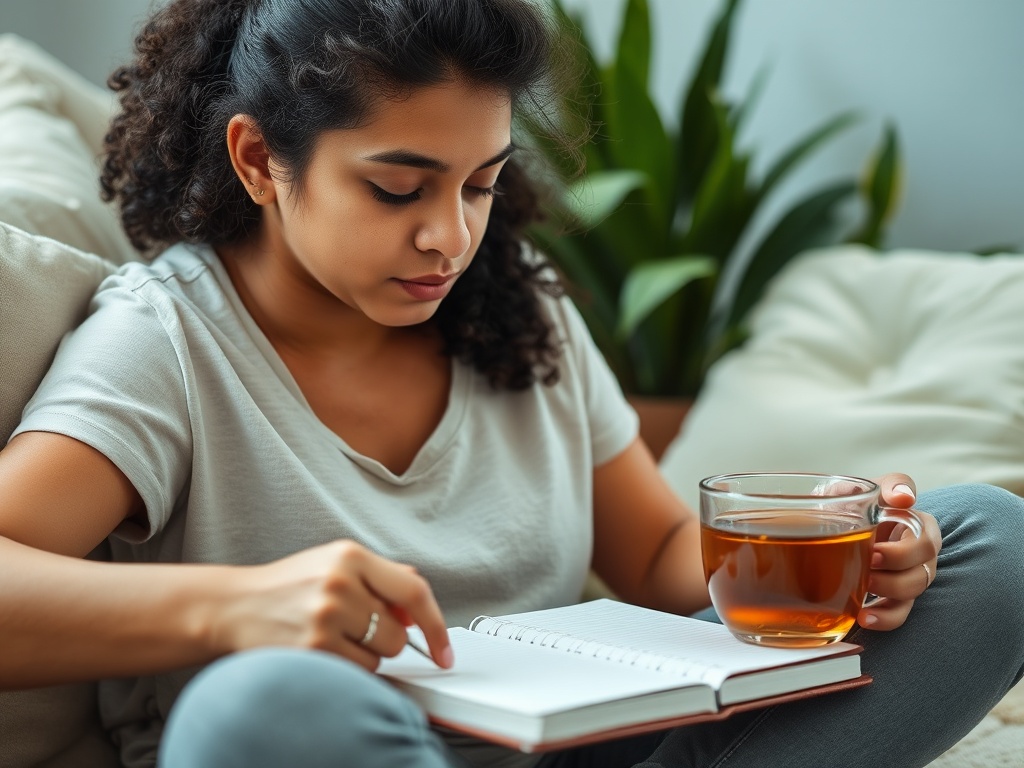 Девушка с кудрявыми волосами читает в записной книжке, держа чашку чая, сидя на диване.