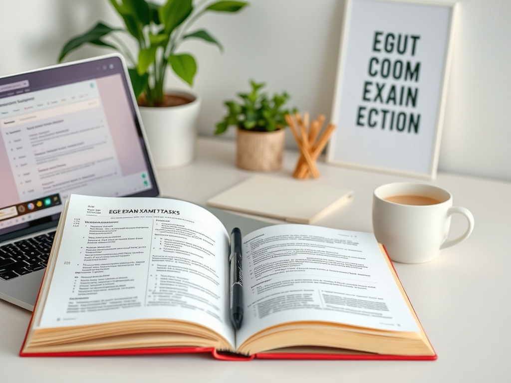 На столе лежит открытая книга с заданиями ЕГЭ, рядом ноутбук и чашка кофе, на стене постер.