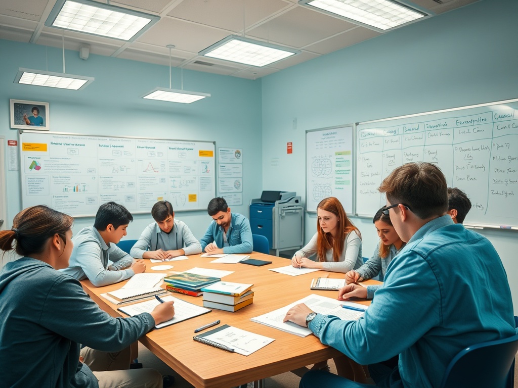 Группа студентов обсуждает проект в классе, окруженные учебными материалами и досками с информацией.