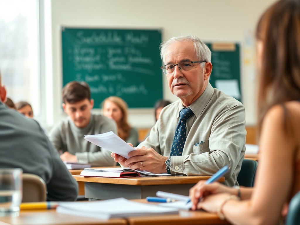 Преподаватель обсуждает материалы с группой студентов в классе. На доске видно учебное содержание.