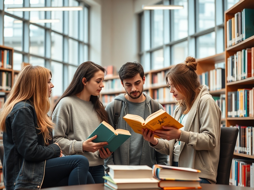 Четыре студента обсуждают книги в библиотеке среди полок с книгами.