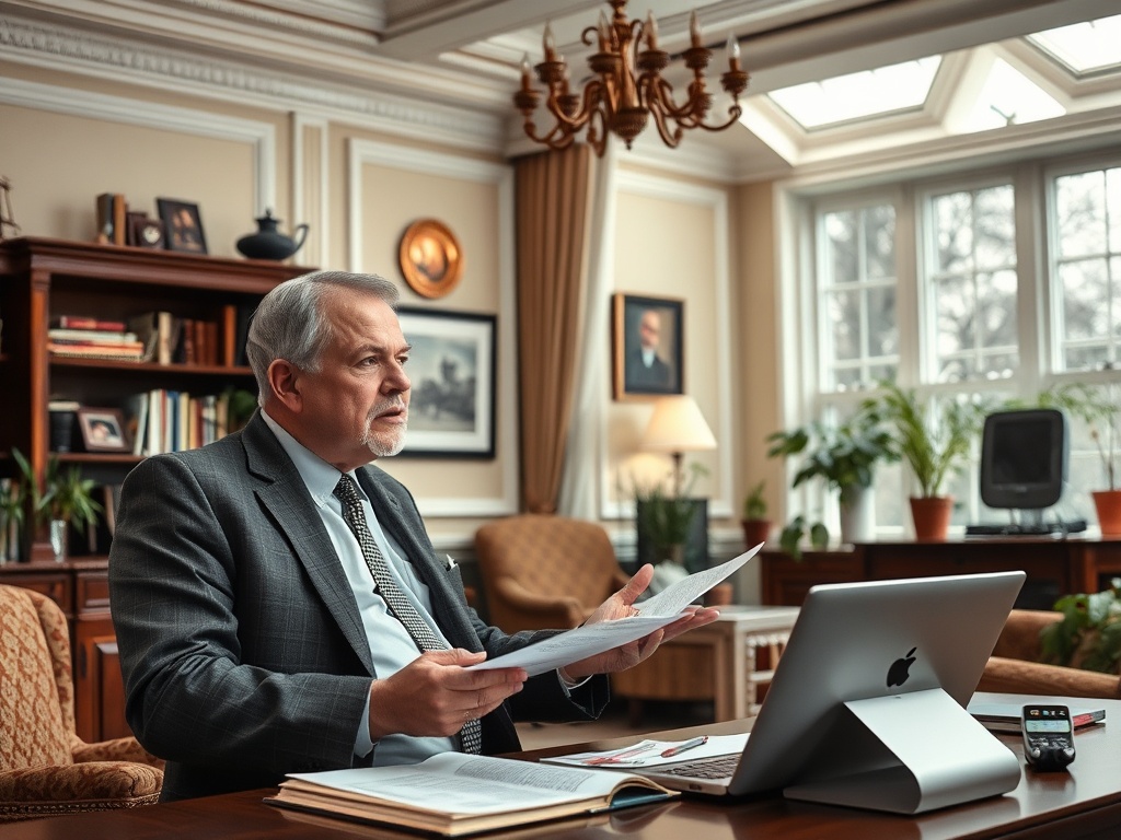 Мужчина в костюме сидит за столом, держит документы, вокруг него уютный офис с растениями и книгами.