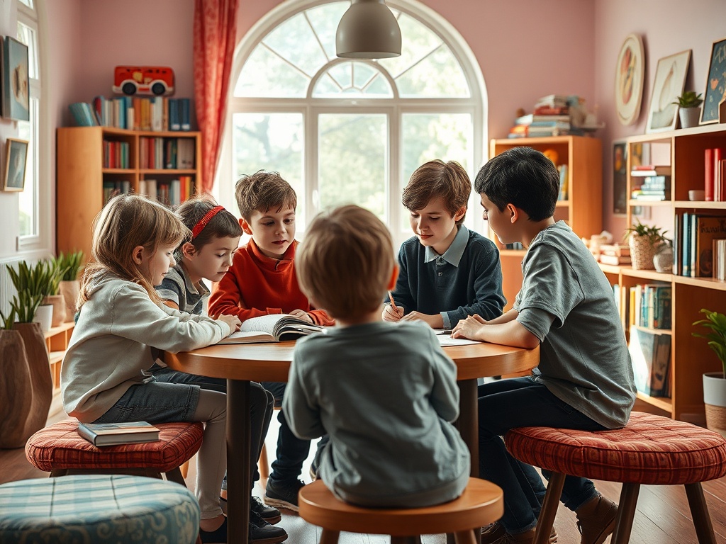 Шестеро детей сидят за столом, читают книги и обсуждают, в уютной комнате с ярким светом и книжными полками.