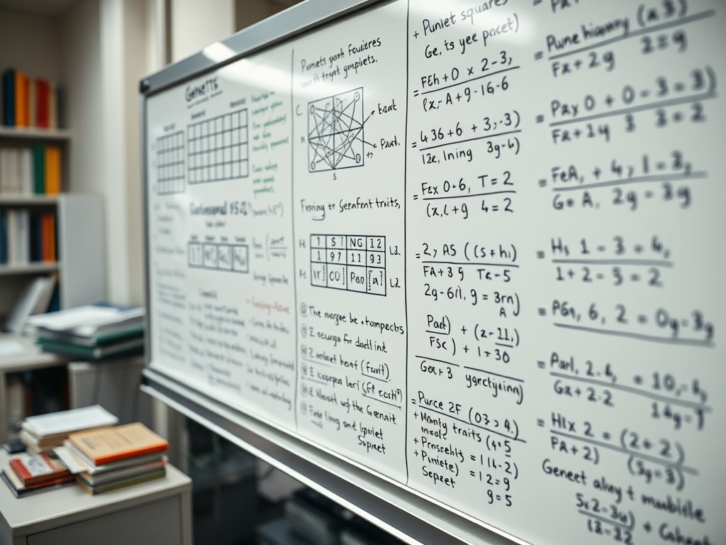 На доске записаны сложные математические формулы и диаграммы, окружённые учебными материалами.