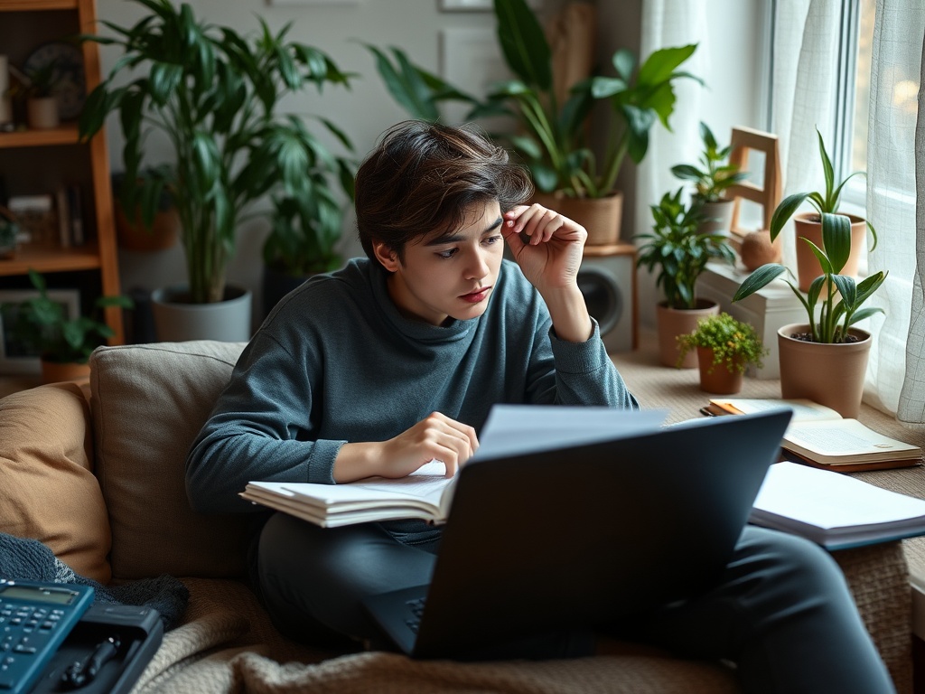 Молодой человек с интересом изучает информацию за ноутбуком в уютной комнате, окруженной растениями.