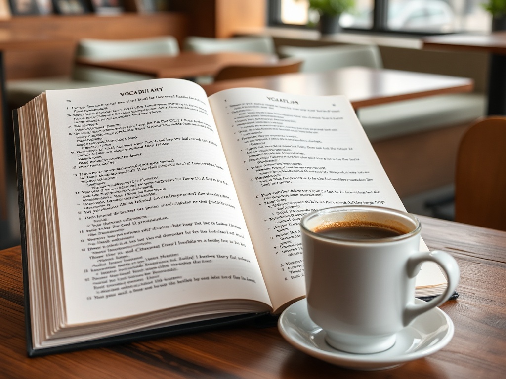Книга со словарем открыта на столе рядом с чашкой кофе в уютном кафе.