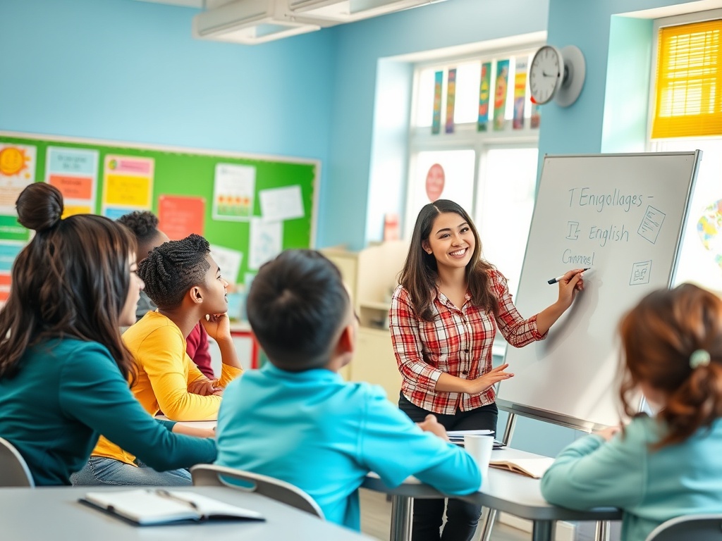 Учительница объясняет грамматику английского языка группе студентов в классной комнате.